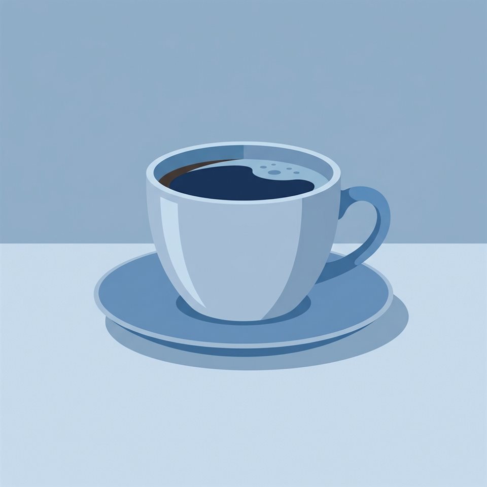 コーヒーカップのミニマルなフラットイラスト、シンプルですっきりとした構図の中心に配置された被写体、クールなブルーの色調、静寂な雰囲気、アスペクト比 1:1