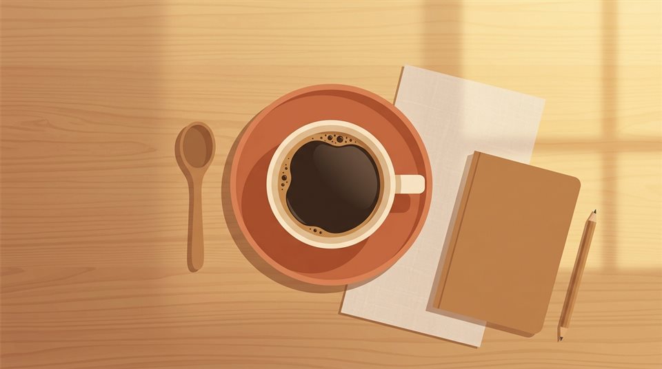 コーヒーカップのミニマルなフラットイラスト、上方からのハイアングル視点、温かみのある黄金色の光、穏やかなムード、アスペクト比 16:9