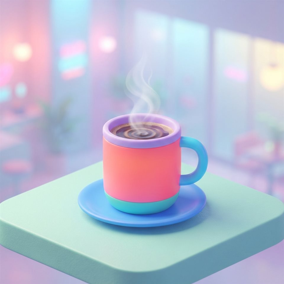Soft 3D render of Isometric 3d vector of a cup of coffee, front-facing view, vibrant neon colors, modern and energetic, 16:9 aspect ratio, centered subject with a simple uncluttered composition, misty morning haze, dreamy, 1:1 aspect ratio