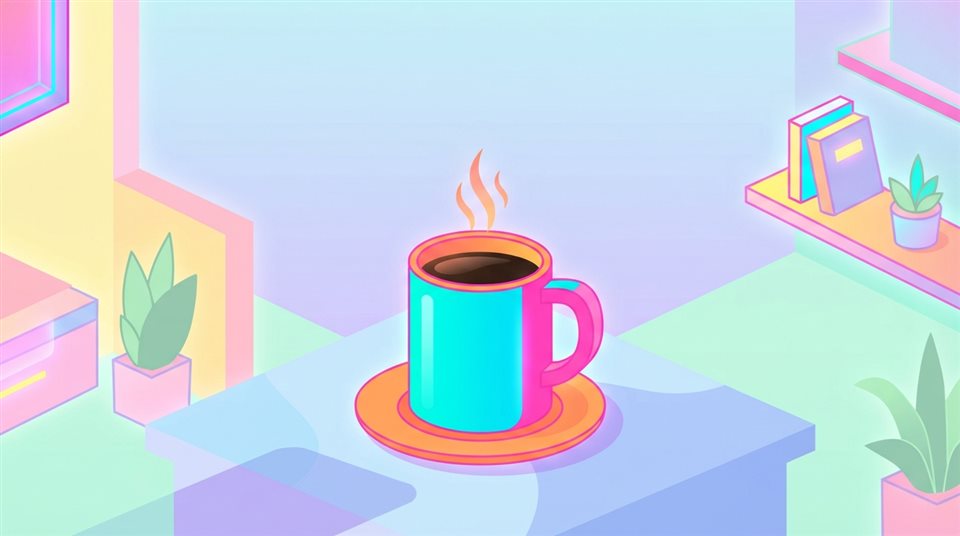 Minimal flat illustration of Isometric 3d vector of a cup of coffee, front-facing view, vibrant neon colors, modern and energetic, 16:9 aspect ratio, wide shot with open space at the top for text, soft pastel colors, bright and cozy, 16:9 aspect ratio