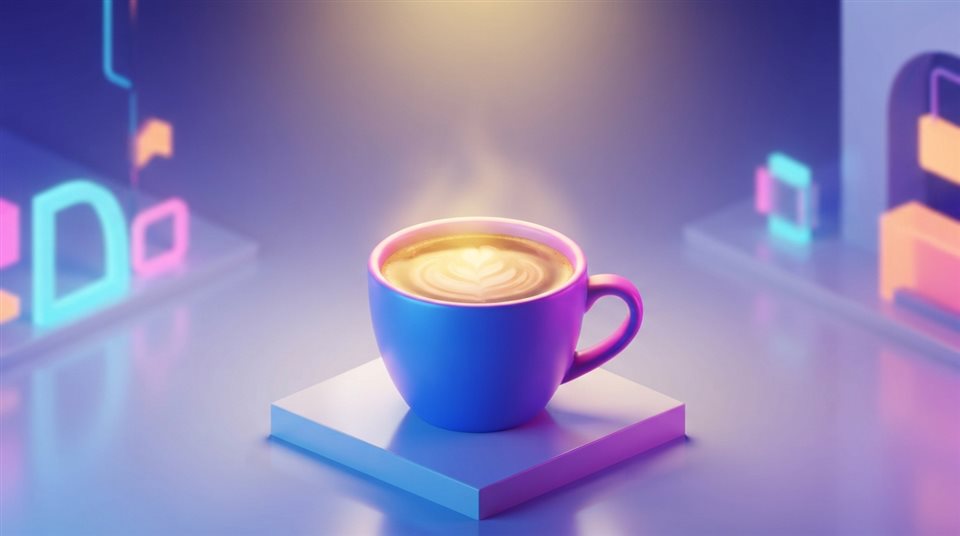 Photorealistic photo of Isometric 3d vector of a cup of coffee, front-facing view, vibrant neon colors, modern and energetic, 16:9 aspect ratio, wide shot with open space at the top for text, warm golden light, calm mood, 16:9 aspect ratio