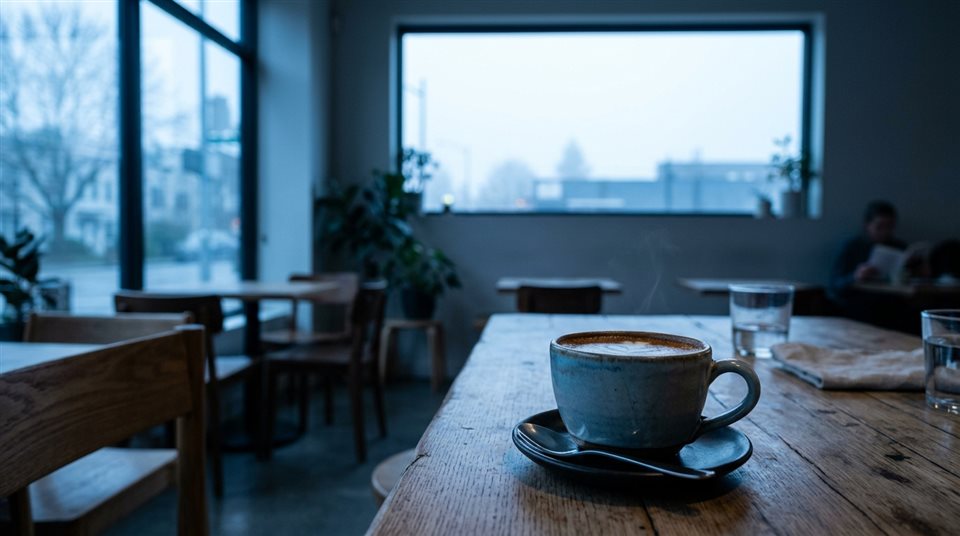 Foto fotorrealista de taza de café, plano general con espacio abierto en la parte superior para texto, tonos azules fríos, ambiente tranquilo, relación de aspecto 16:9