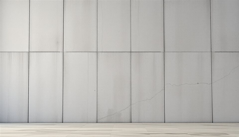 Soft 3D render of A minimalist raw gray concrete wall surface with natural weathering and texture, wide shot with open space at the top for text, misty morning haze, dreamy, 16:9 aspect ratio