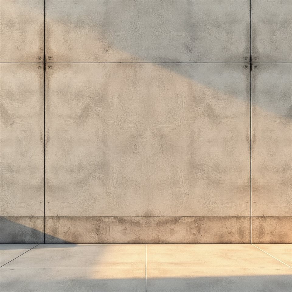 Photorealistic photo of A minimalist raw gray concrete wall surface with natural weathering and texture, centered subject with a simple uncluttered composition, warm golden light, calm mood, 1:1 aspect ratio