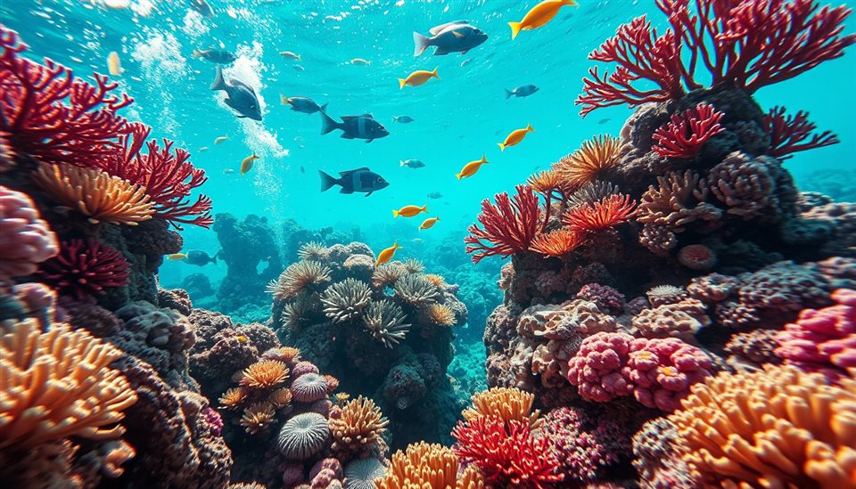 Cinematic film still of A colorful underwater marine ecosystem teeming with vibrant coral formations and crystal clear turquoise water., close-up detail with shallow depth of field, vivid colors, high contrast, energetic, 16:9 aspect ratio