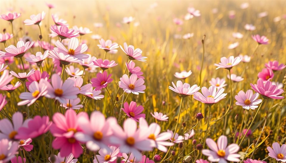 Soft 3D render of Pink and white cosmos flowers swaying gently in a sunny autumn field, high-angle view from above, misty morning haze, dreamy, 16:9 aspect ratio