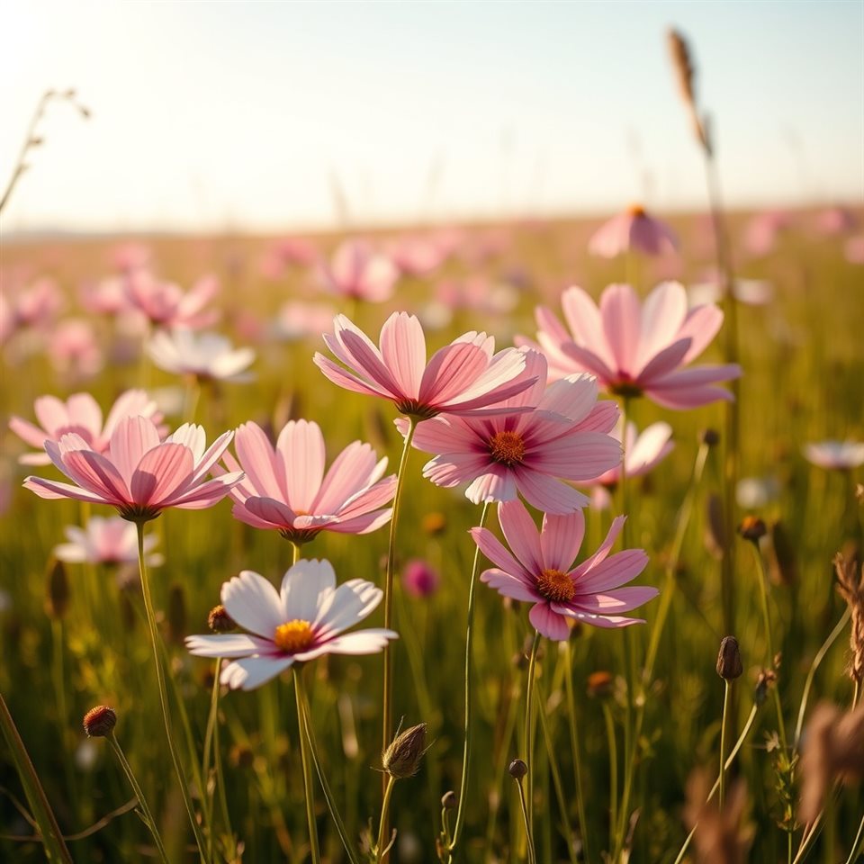 Photorealistic photo of Pink and white cosmos flowers swaying gently in a sunny autumn field, close-up detail with shallow depth of field, warm golden light, calm mood, 1:1 aspect ratio
