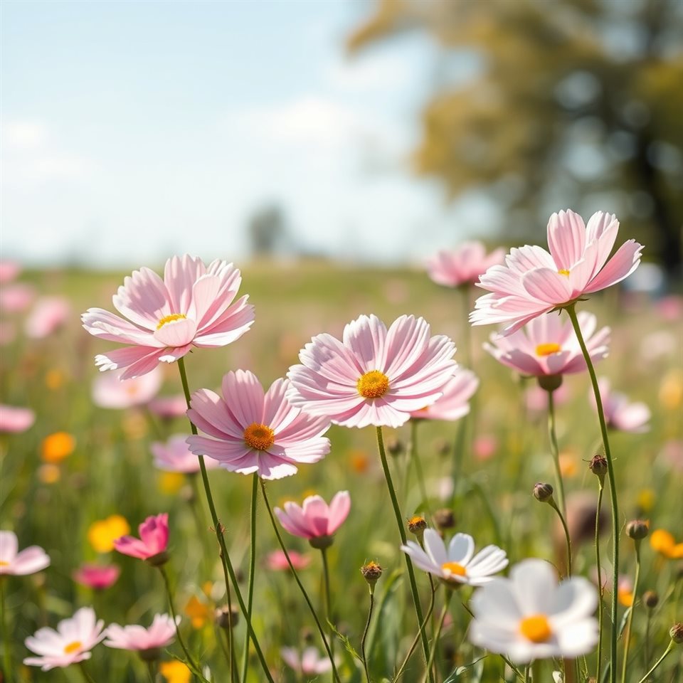 Minimal flat illustration of Pink and white cosmos flowers swaying gently in a sunny autumn field, close-up detail with shallow depth of field, soft pastel colors, bright and cozy, 1:1 aspect ratio