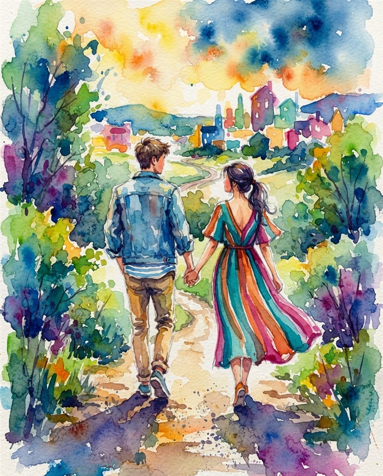 Watercolor illustration of a young fictional couple walking together seen from behind, centered subject with a simple uncluttered composition, vivid colors, high contrast, energetic, 4:5 aspect ratio