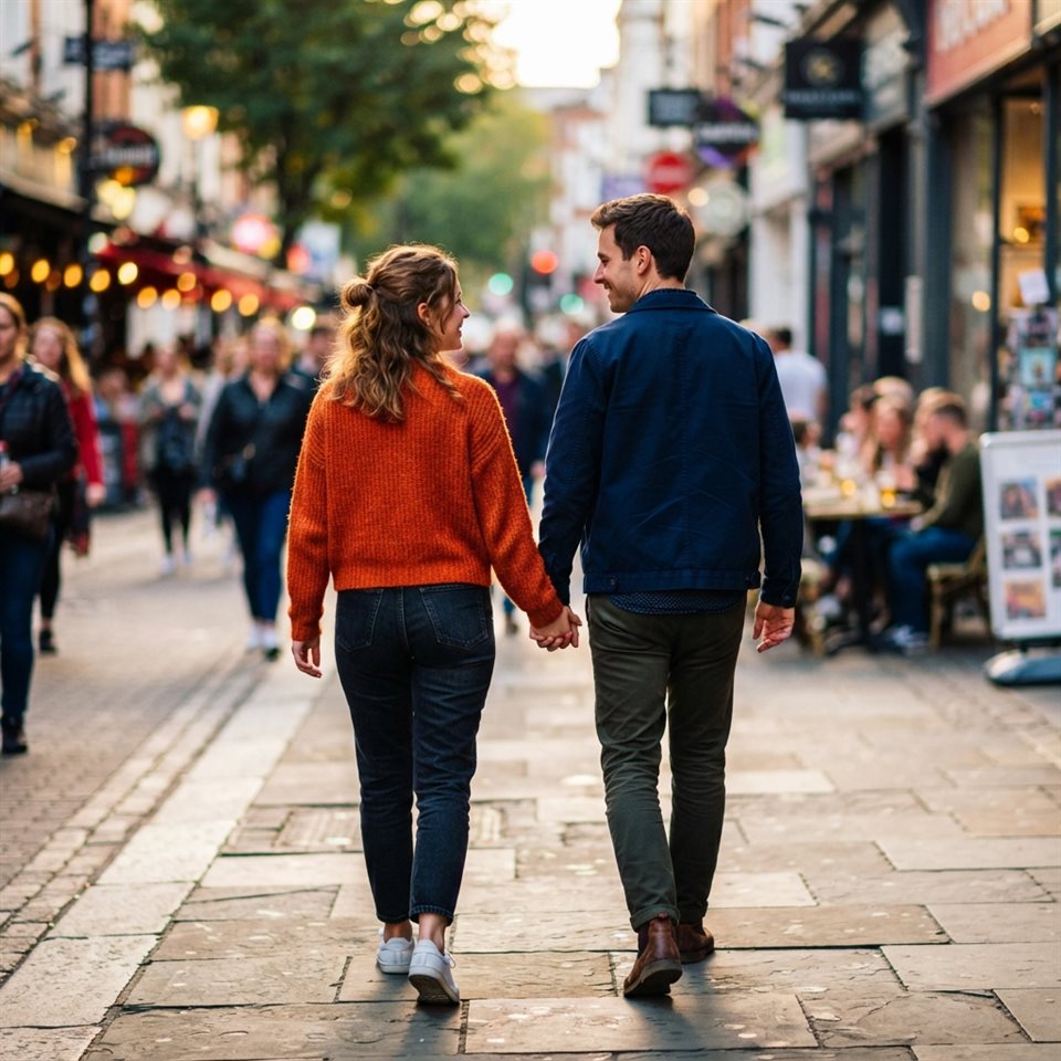 Photorealistic photo of a young fictional couple walking together seen from behind, close-up detail with shallow depth of field, vivid colors, high contrast, energetic, 1:1 aspect ratio