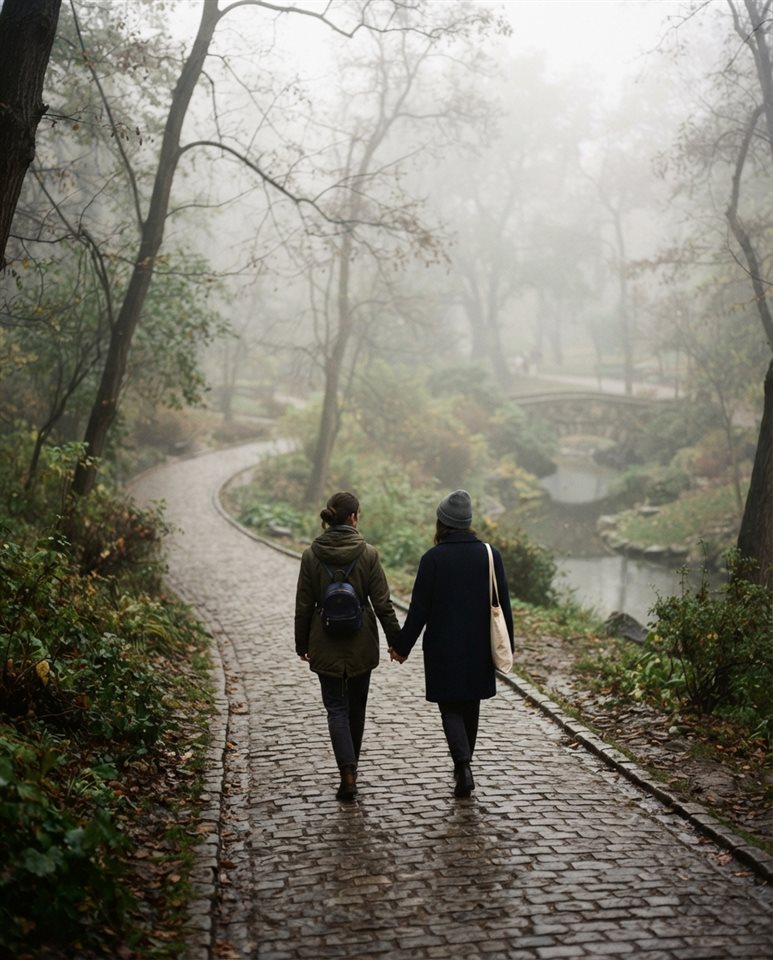 Cinematic film still of a young fictional couple walking together seen from behind, high-angle view from above, misty morning haze, dreamy, 4:5 aspect ratio