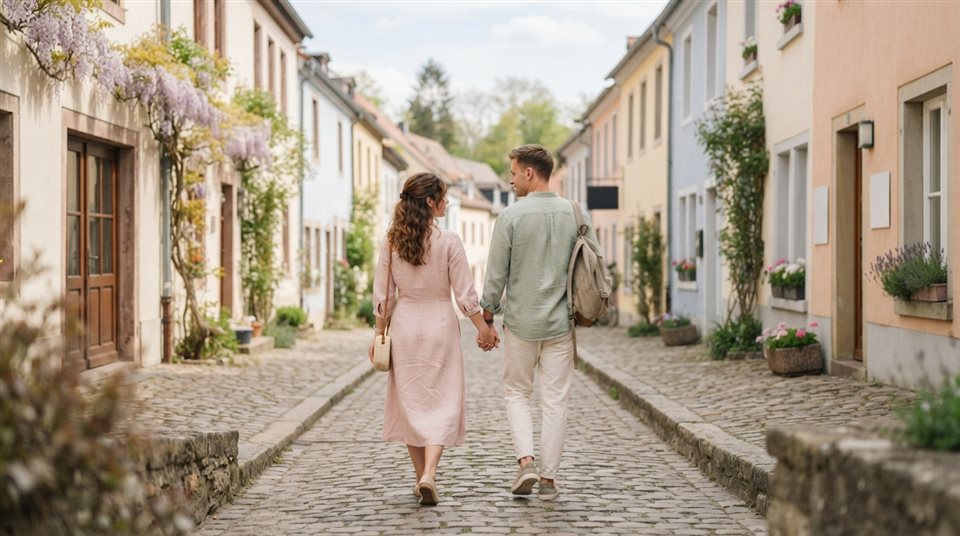 Photorealistic photo of a young fictional couple walking together seen from behind, centered subject with a simple uncluttered composition, soft pastel colors, bright and cozy, 16:9 aspect ratio