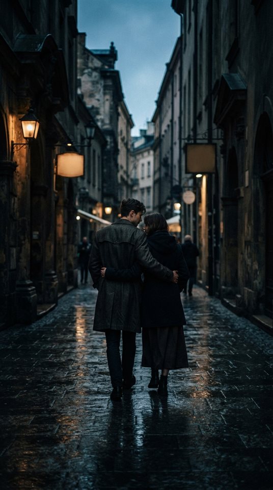 Cinematic film still of a young fictional couple walking together seen from behind, centered subject with a simple uncluttered composition, moody dark tones, dramatic lighting, 9:16 aspect ratio