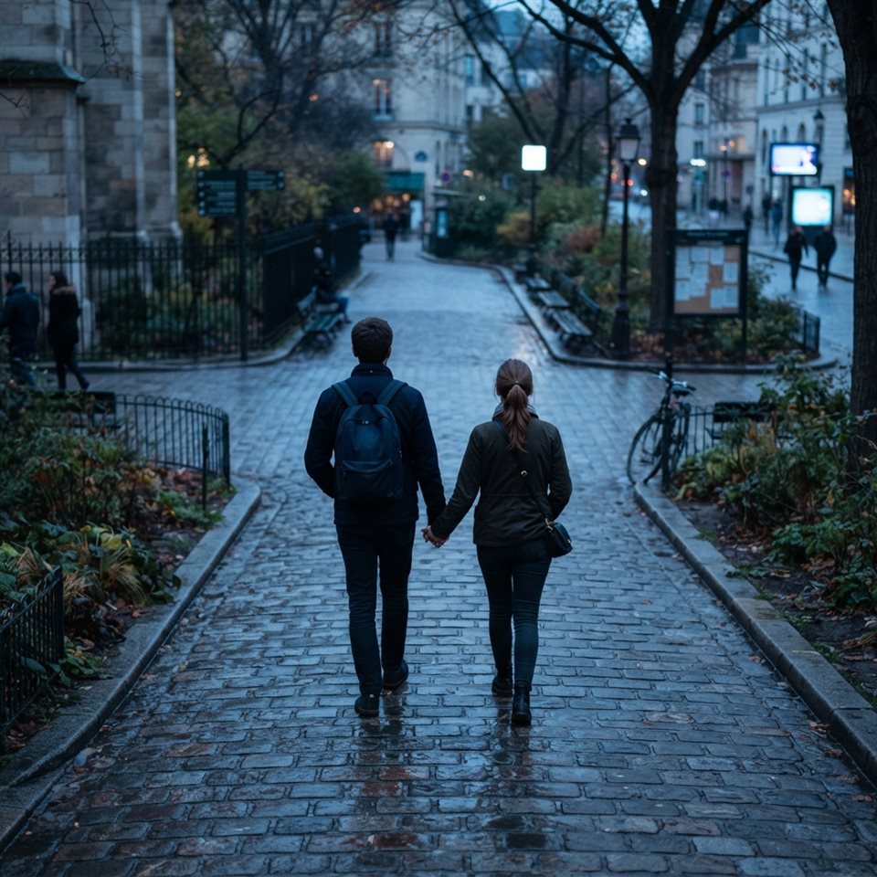 Photorealistic photo of a young fictional couple walking together seen from behind, high-angle view from above, cool blue tones, quiet atmosphere, 1:1 aspect ratio