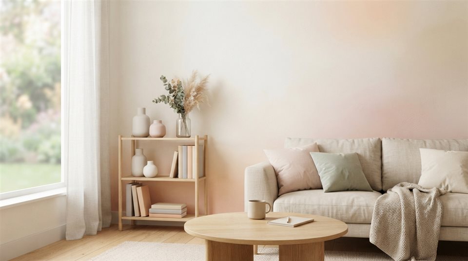Soft photorealistic background photo of elegant cover background with gentle gradients and empty space for a title, simple balanced layout, soft pastel colors, bright and cozy, 16:9 aspect ratio