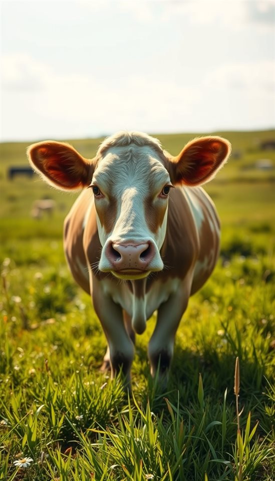 Cinematic film still of A gentle dairy cow grazing peacefully in a lush green pasture under a sunny sky., wide shot with open space at the top for text, vivid colors, high contrast, energetic, 9:16 aspect ratio
