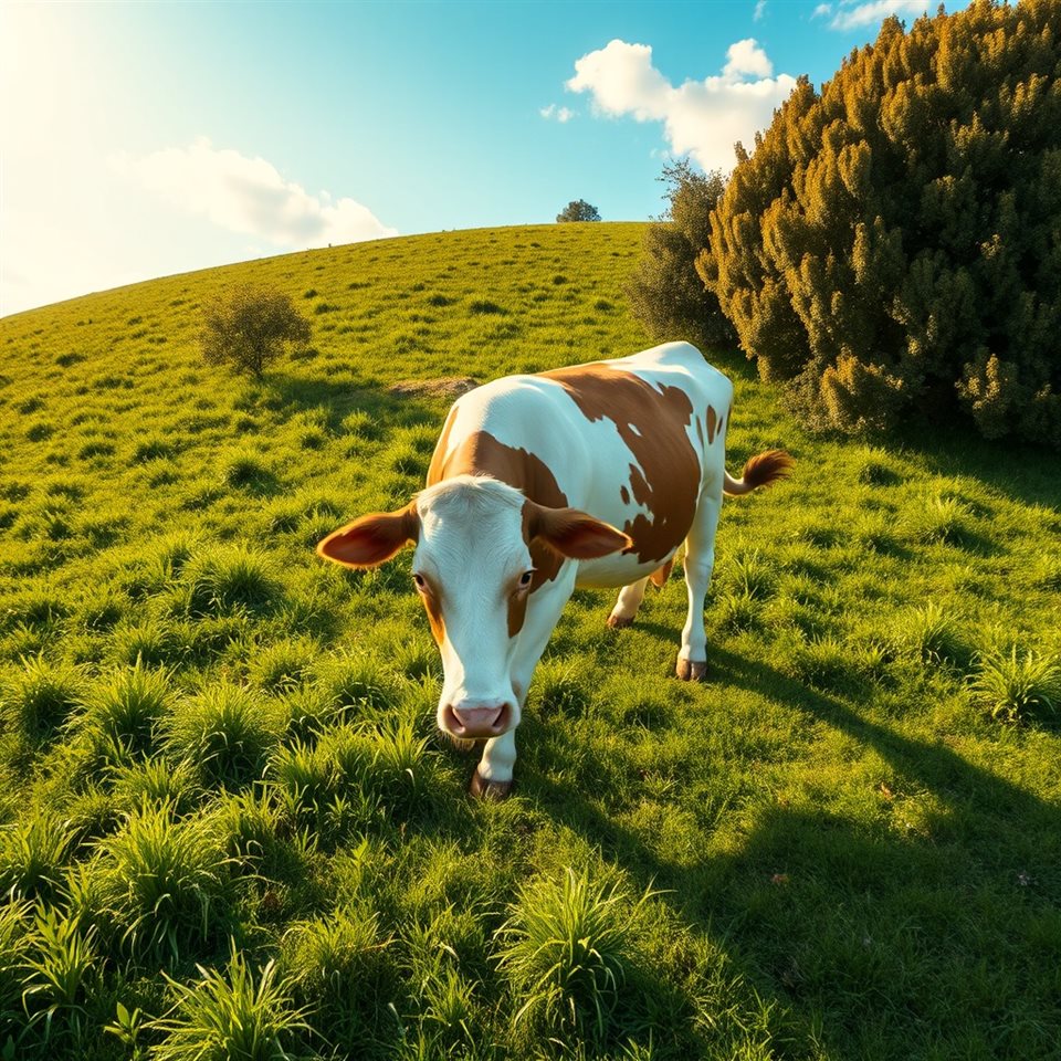 Photorealistic photo of A gentle dairy cow grazing peacefully in a lush green pasture under a sunny sky., high-angle view from above, warm golden light, calm mood, 1:1 aspect ratio