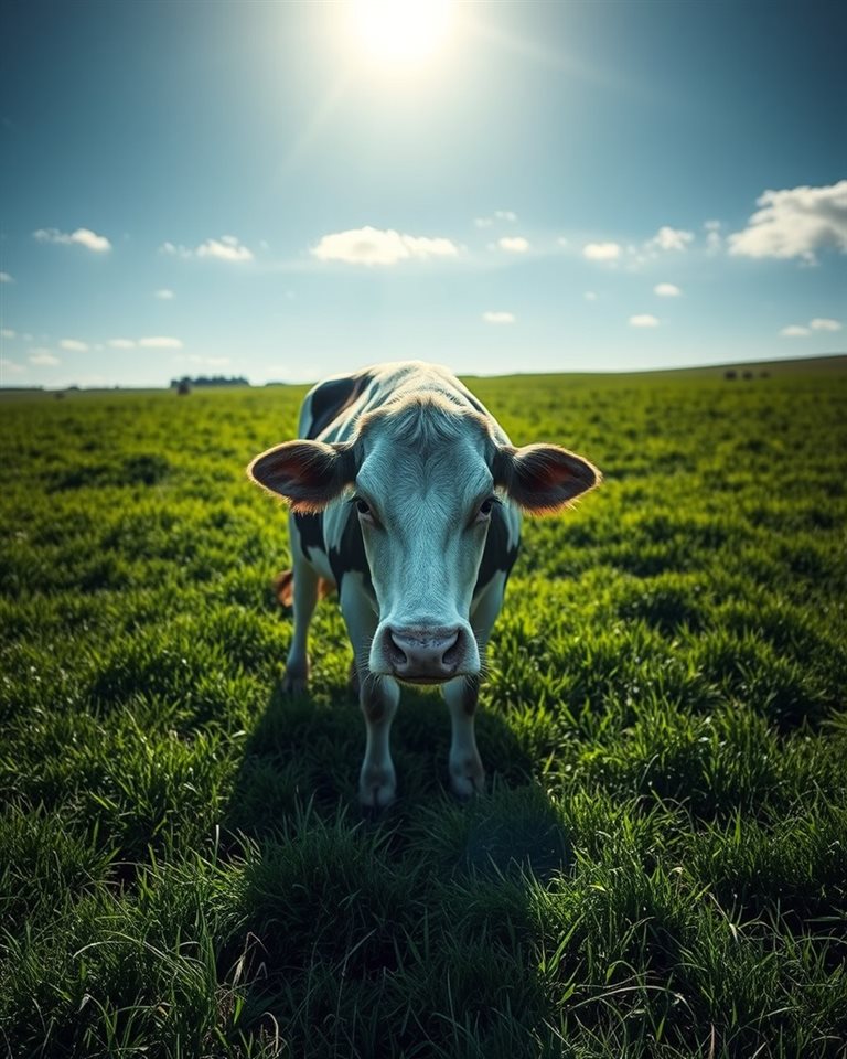 Photorealistic photo of A gentle dairy cow grazing peacefully in a lush green pasture under a sunny sky., centered subject with a simple uncluttered composition, moody dark tones, dramatic lighting, 4:5 aspect ratio