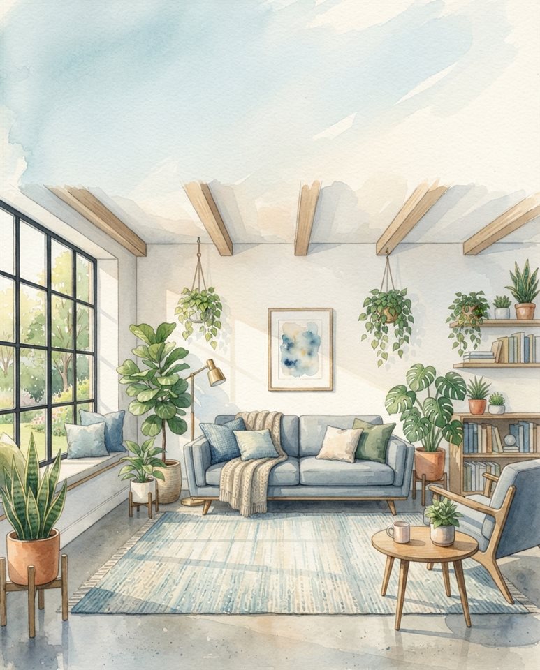 Watercolor illustration of a warm and modern living room filled with sunlight and green plants, wide shot with open space at the top for text, cool blue tones, quiet atmosphere, 4:5 aspect ratio