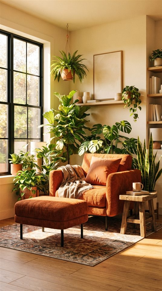 Cinematic film still of a warm and modern living room filled with sunlight and green plants, centered subject with a simple uncluttered composition, vivid colors, high contrast, energetic, 9:16 aspect ratio