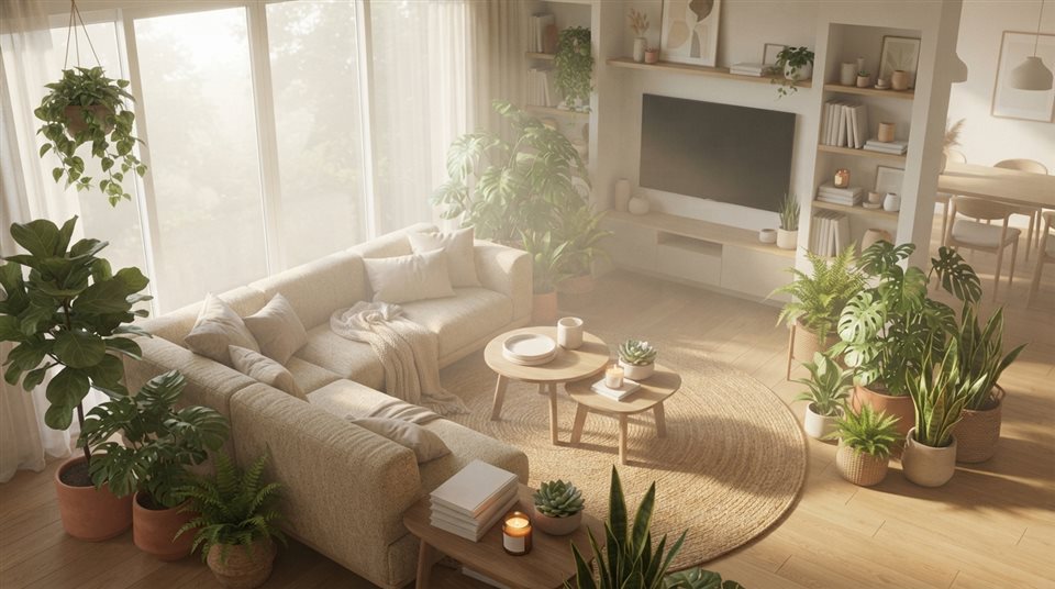 Soft 3D render of a warm and modern living room filled with sunlight and green plants, high-angle view from above, misty morning haze, dreamy, 16:9 aspect ratio