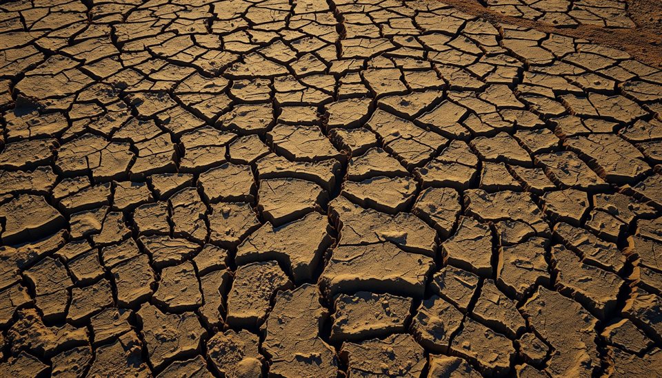 Cinematic film still of Dry, heavily cracked mud ground forming an abstract geometric pattern under bright daylight, centered subject with a simple uncluttered composition, vivid colors, high contrast, energetic, 16:9 aspect ratio
