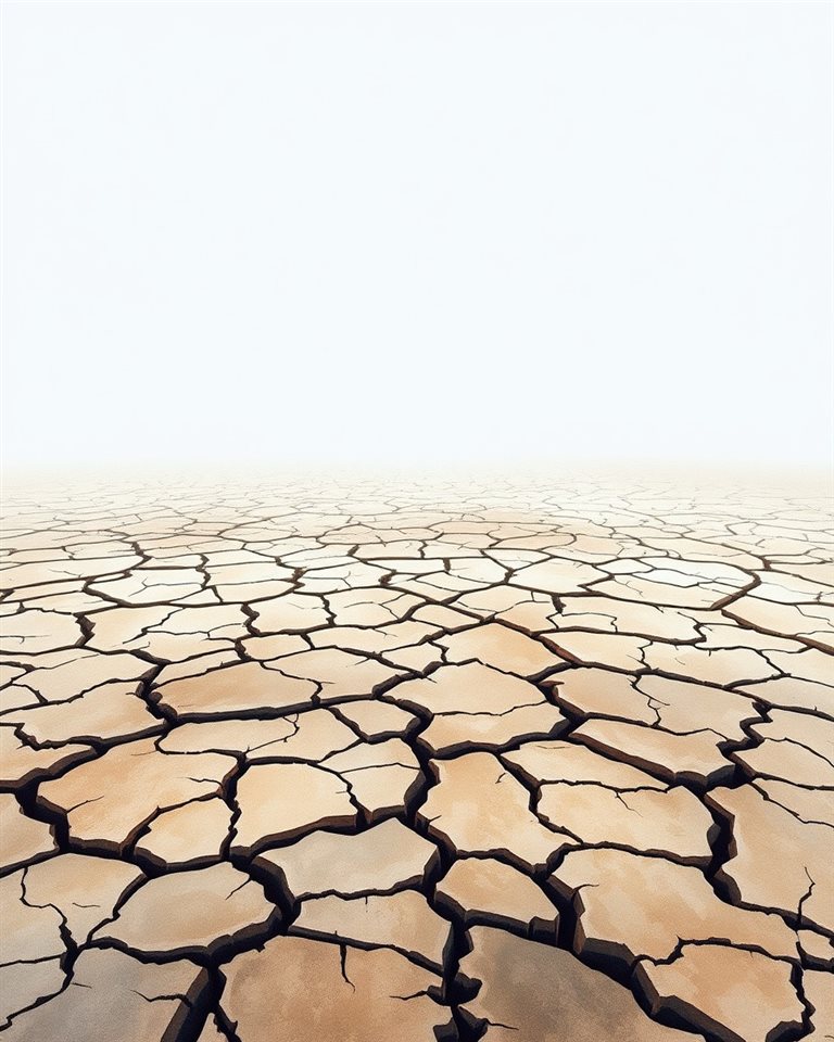 Watercolor illustration of Dry, heavily cracked mud ground forming an abstract geometric pattern under bright daylight, wide shot with open space at the top for text, cool blue tones, quiet atmosphere, 4:5 aspect ratio