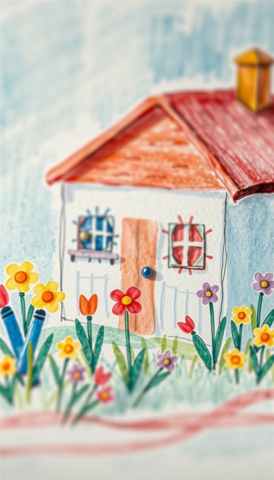Watercolor illustration of A whimsical children's drawing of a house and flowers made with colorful textured crayons, close-up detail with shallow depth of field, cool blue tones, quiet atmosphere, 9:16 aspect ratio