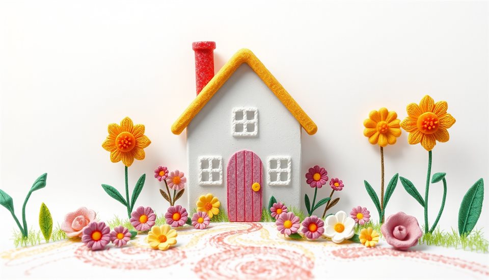 Soft 3D render of A whimsical children's drawing of a house and flowers made with colorful textured crayons, centered subject with a simple uncluttered composition, misty morning haze, dreamy, 16:9 aspect ratio