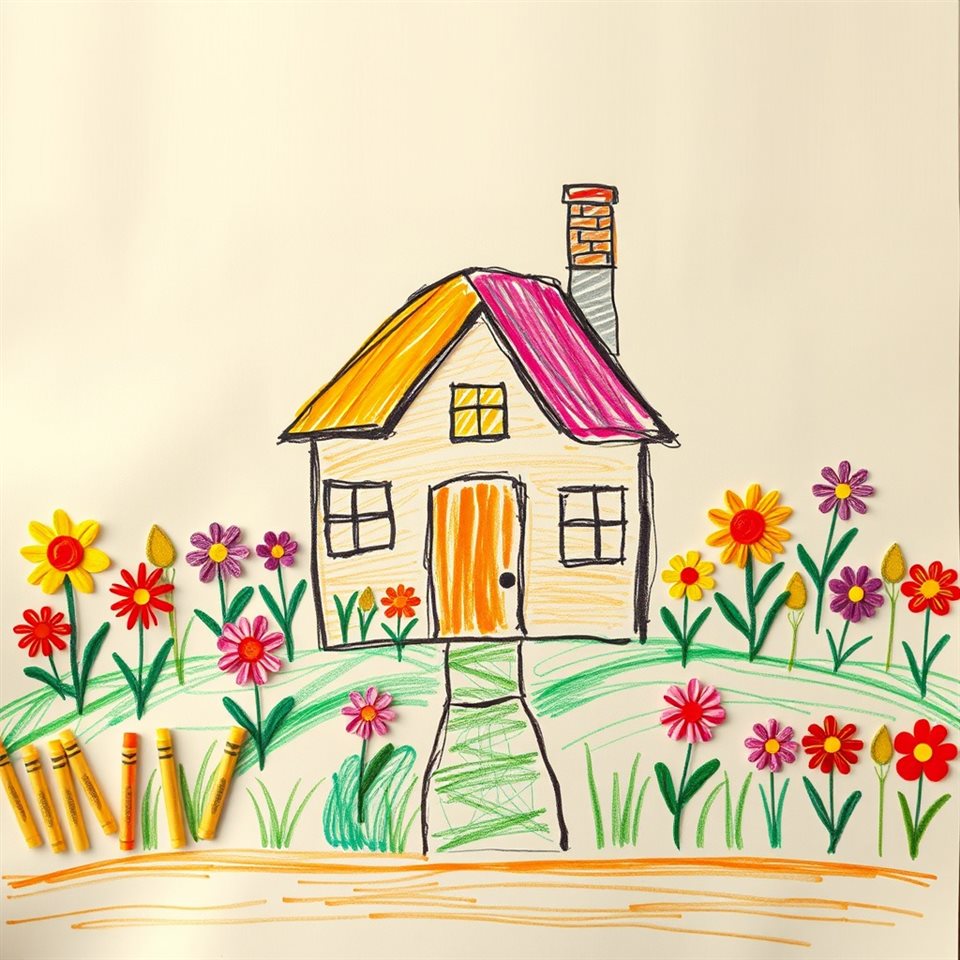 Photorealistic photo of A whimsical children's drawing of a house and flowers made with colorful textured crayons, wide shot with open space at the top for text, warm golden light, calm mood, 1:1 aspect ratio