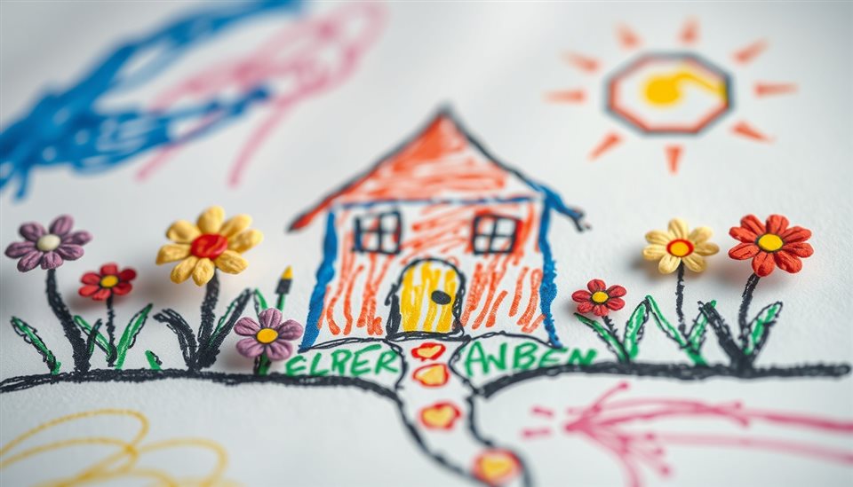 Cinematic film still of A whimsical children's drawing of a house and flowers made with colorful textured crayons, close-up detail with shallow depth of field, vivid colors, high contrast, energetic, 16:9 aspect ratio
