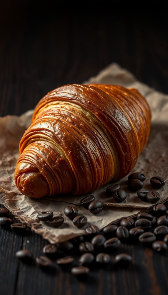 Photorealistic photo of A freshly baked golden croissant with flaky layers resting on rustic parchment paper next to coffee beans., centered subject with a simple uncluttered composition, moody dark tones, dramatic lighting, 9:16 aspect ratio