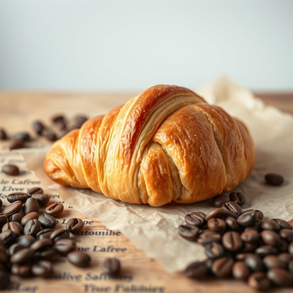 Minimal flat illustration of A freshly baked golden croissant with flaky layers resting on rustic parchment paper next to coffee beans., close-up detail with shallow depth of field, soft pastel colors, bright and cozy, 1:1 aspect ratio