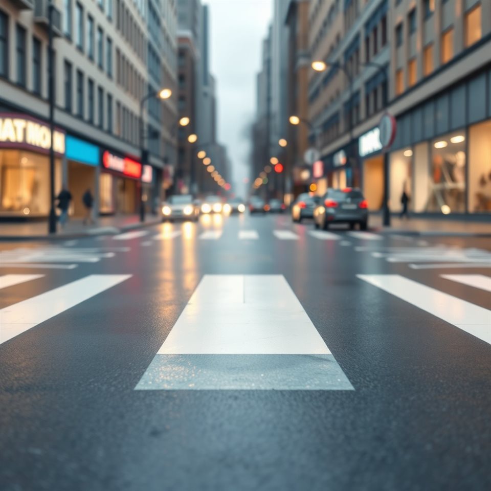 Minimal flat illustration of A clean white striped crosswalk on a wet asphalt city street reflecting city lights, close-up detail with shallow depth of field, soft pastel colors, bright and cozy, 1:1 aspect ratio