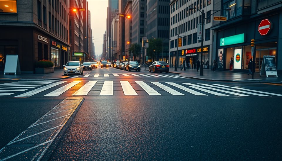 Photorealistic photo of A clean white striped crosswalk on a wet asphalt city street reflecting city lights, high-angle view from above, warm golden light, calm mood, 16:9 aspect ratio