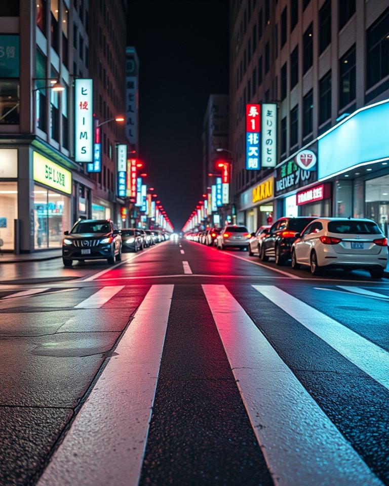 Cinematic film still of A clean white striped crosswalk on a wet asphalt city street reflecting city lights, wide shot with open space at the top for text, vivid colors, high contrast, energetic, 4:5 aspect ratio