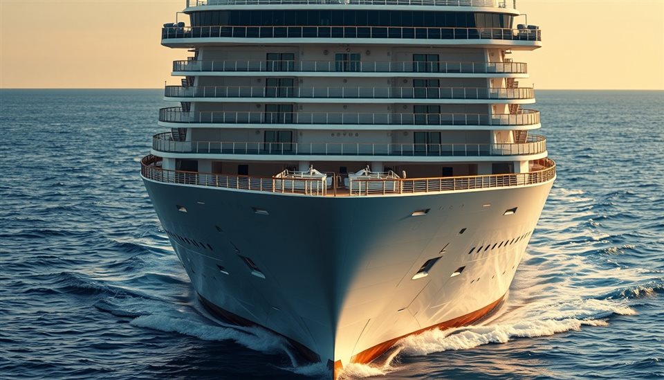 Photorealistic photo of A large white luxury cruise ship sailing across calm turquoise ocean waters, close-up detail with shallow depth of field, warm golden light, calm mood, 16:9 aspect ratio