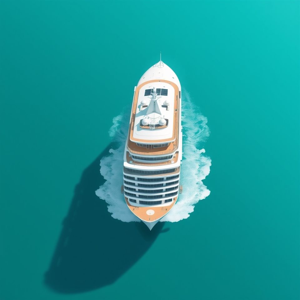 Minimal flat illustration of A large white luxury cruise ship sailing across calm turquoise ocean waters, high-angle view from above, soft pastel colors, bright and cozy, 1:1 aspect ratio