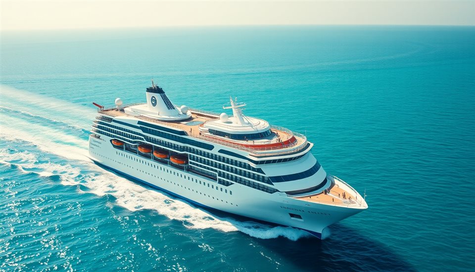 Cinematic film still of A large white luxury cruise ship sailing across calm turquoise ocean waters, wide shot with open space at the top for text, vivid colors, high contrast, energetic, 16:9 aspect ratio
