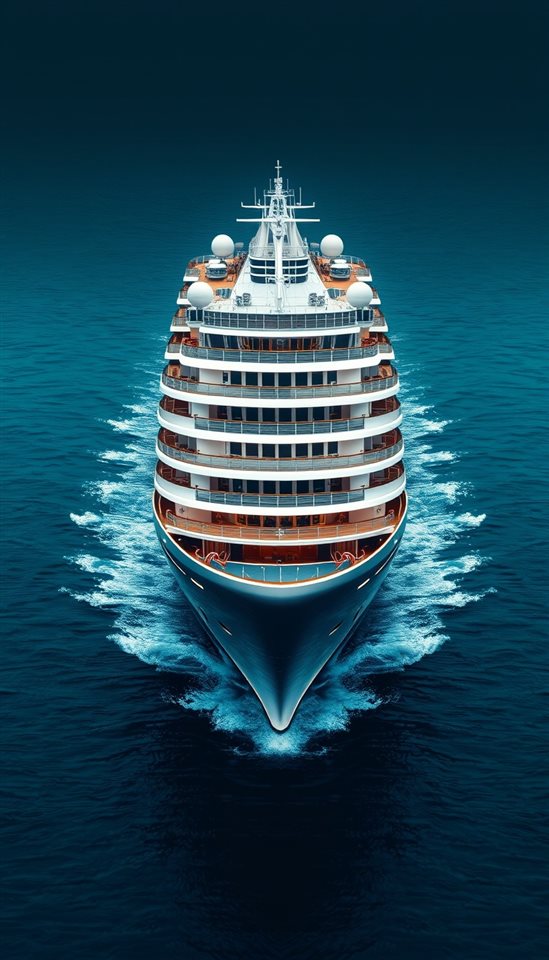 Photorealistic photo of A large white luxury cruise ship sailing across calm turquoise ocean waters, wide shot with open space at the top for text, moody dark tones, dramatic lighting, 9:16 aspect ratio