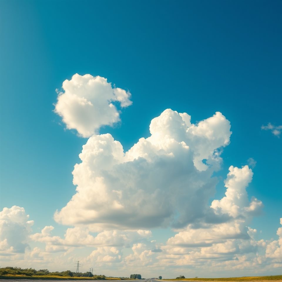 Photorealistic photo of Fluffy white cumulus clouds floating across a bright blue summer sky, wide shot with open space at the top for text, warm golden light, calm mood, 1:1 aspect ratio