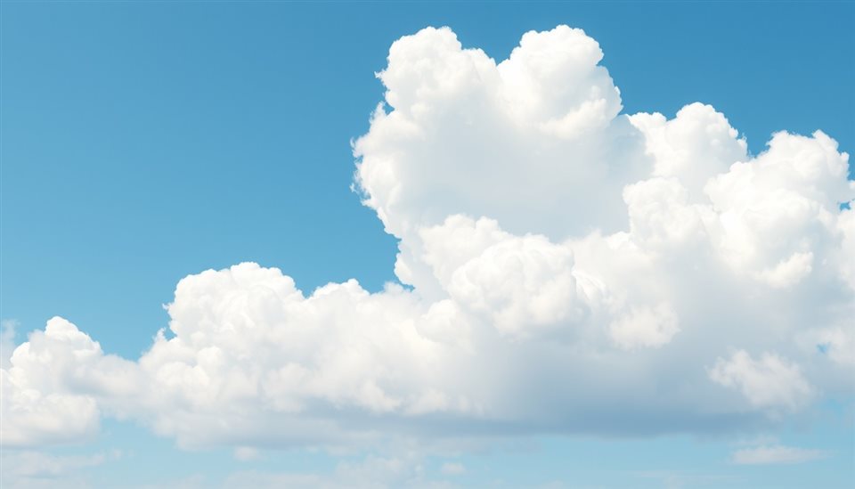 Soft 3D render of Fluffy white cumulus clouds floating across a bright blue summer sky, centered subject with a simple uncluttered composition, misty morning haze, dreamy, 16:9 aspect ratio