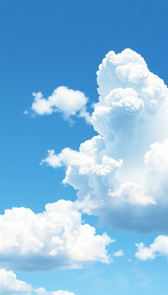 Watercolor illustration of Fluffy white cumulus clouds floating across a bright blue summer sky, close-up detail with shallow depth of field, cool blue tones, quiet atmosphere, 9:16 aspect ratio