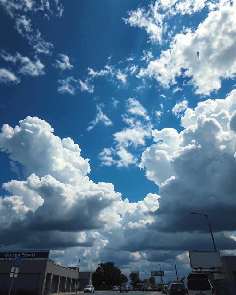Photorealistic photo of Fluffy white cumulus clouds floating across a bright blue summer sky, high-angle view from above, moody dark tones, dramatic lighting, 4:5 aspect ratio