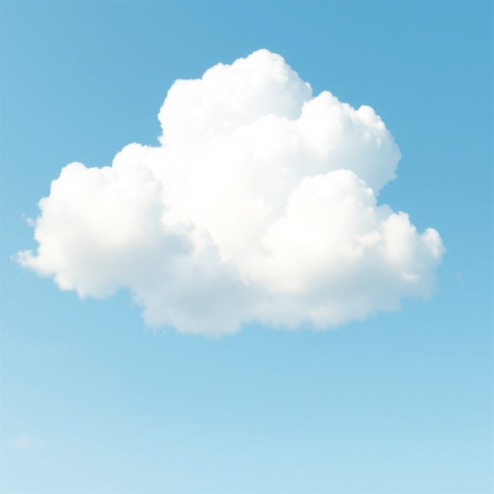 Minimal flat illustration of Fluffy white cumulus clouds floating across a bright blue summer sky, wide shot with open space at the top for text, soft pastel colors, bright and cozy, 1:1 aspect ratio