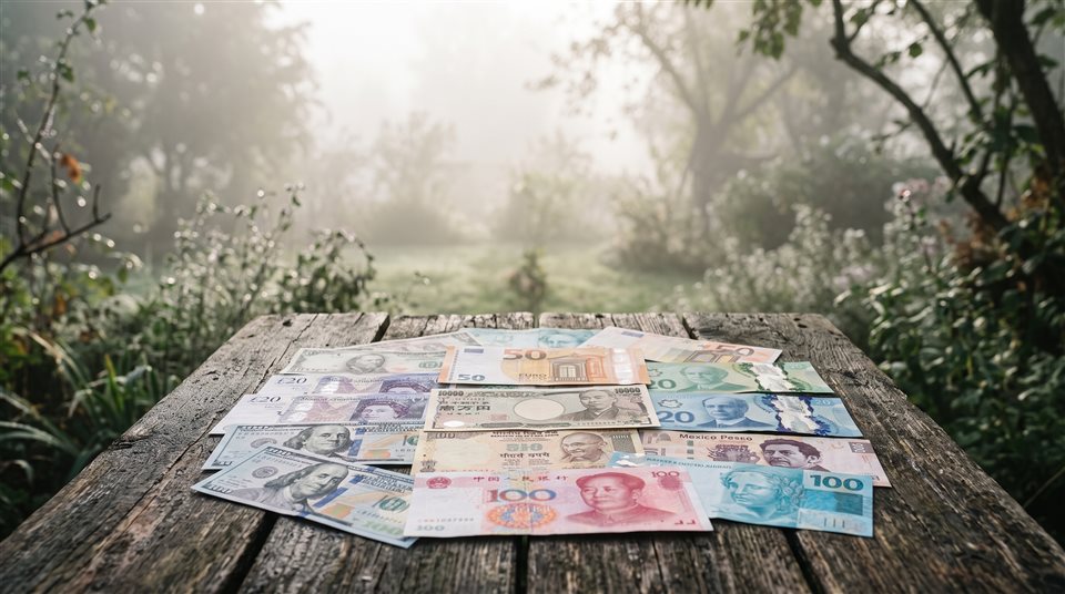 Foto fotorrealista de cédulas de moeda mundial, assunto centralizado com uma composição simples e organizada, névoa matinal, sonhado, proporção 16:9