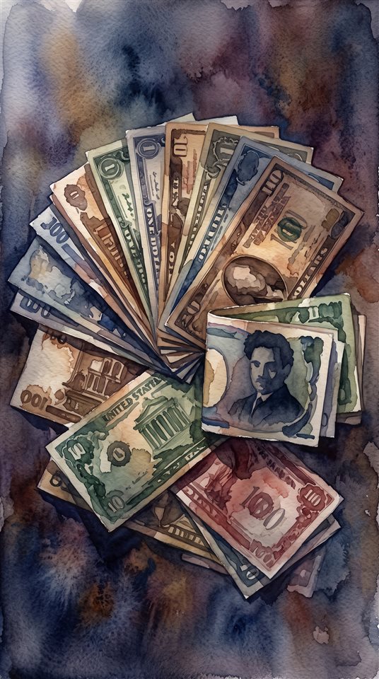 Ilustración en acuarela de billetes de moneda mundial, sujeto centrado con una composición simple y despejada, tonos oscuros melancólicos, iluminación dramática, relación de aspecto 9:16