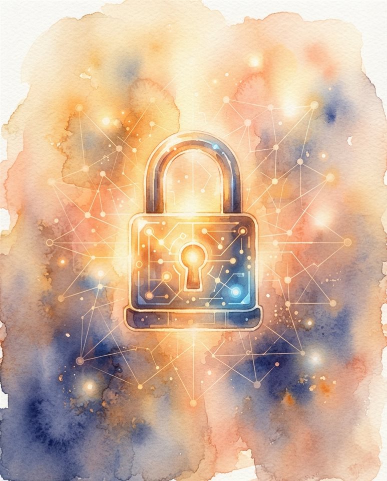 Watercolor illustration of glowing digital padlock with network lines, centered subject with a simple uncluttered composition, warm golden light, calm mood, 4:5 aspect ratio