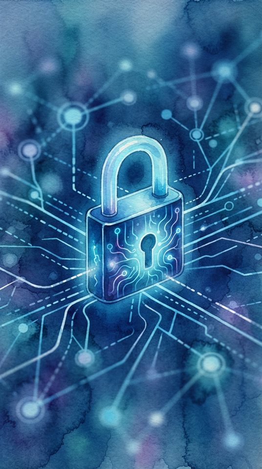 Watercolor illustration of glowing digital padlock with network lines, close-up detail with shallow depth of field, cool blue tones, quiet atmosphere, 9:16 aspect ratio