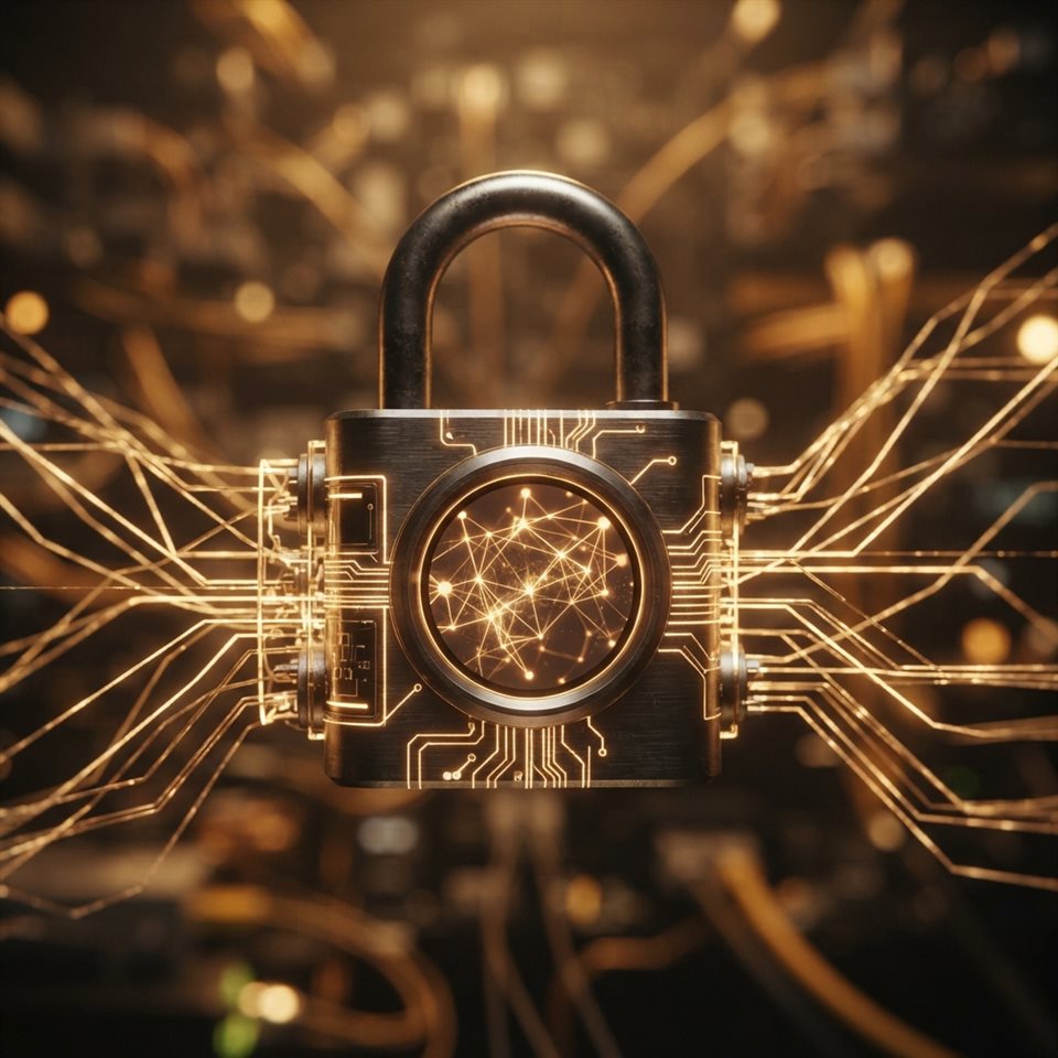 Photorealistic photo of glowing digital padlock with network lines, close-up detail with shallow depth of field, warm golden light, calm mood, 1:1 aspect ratio
